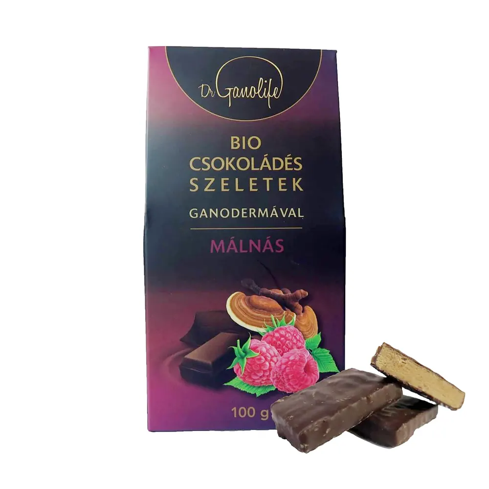 Dr. Ganolife Bio ganodermás csokoládészeletek málnás ízben - 100g