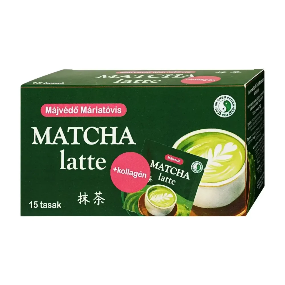 dr-chen-matcha-latte-por.webp Dr. Chen Matcha Latte italpor kollagénnel és máriatövis-kivonattal - 15 tasak